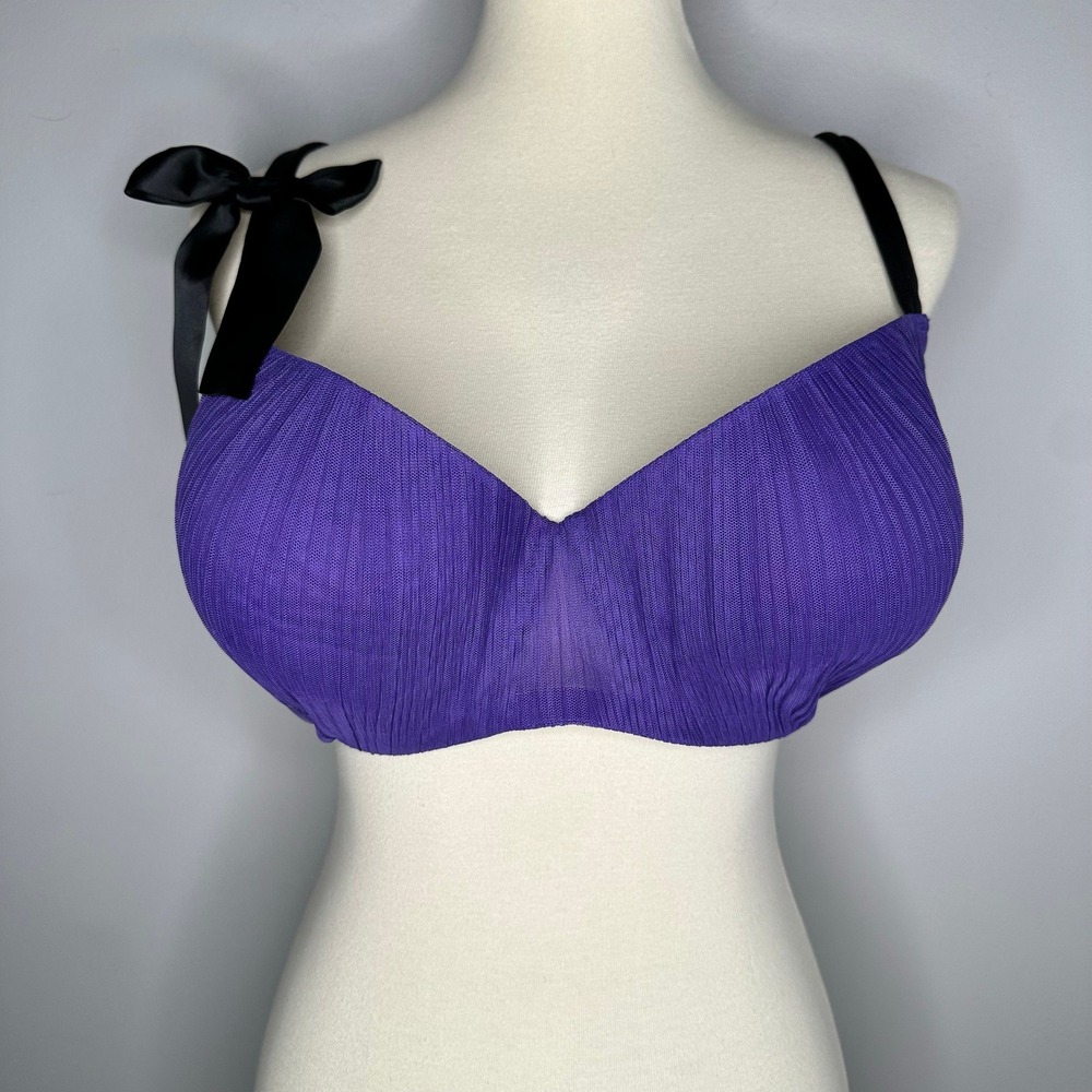 Cacique Boost Plunge Bra 40DDD Purple Pleated Mesh Black Satin Bow Straps